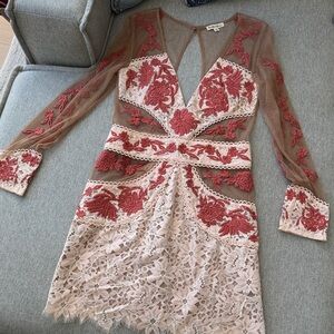 For Love And Lemons Red and Cream Floral Lace Dress